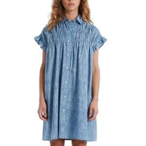 Lili Sidonio M Cotton Button Dress Short Ruffled Sleeves Chambray